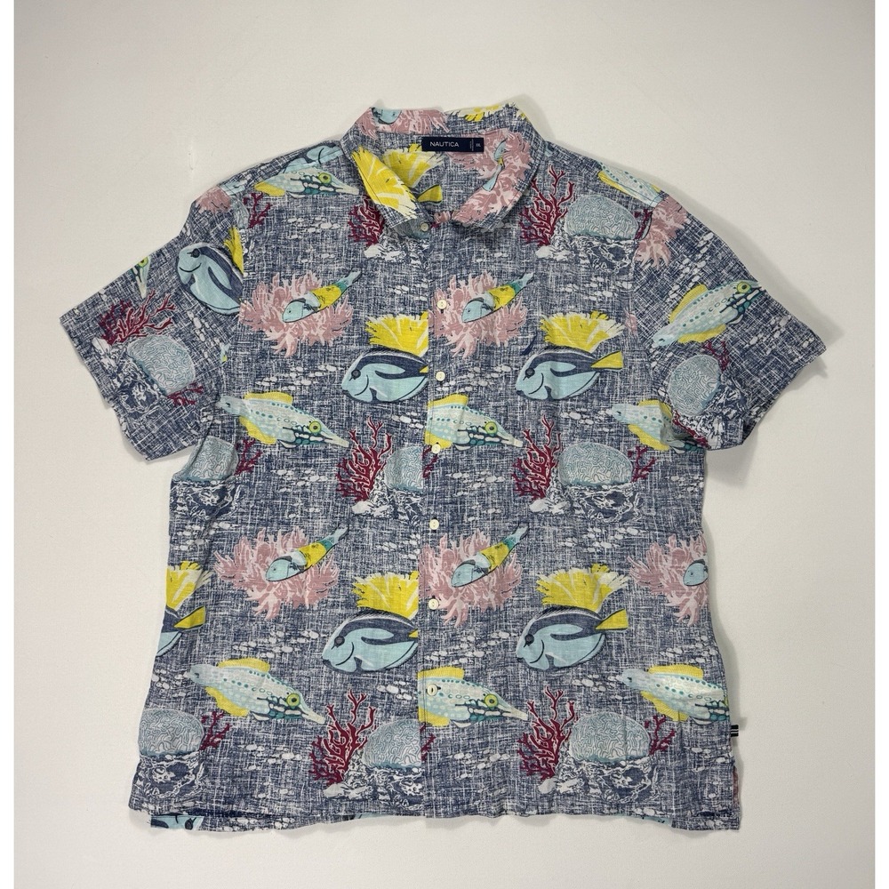 Nautica Mens 2XL Linen Cotton Fish Print Vacation Beach Button Up Shirt Blue XXL